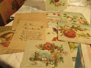 26 ANTIQUE EPHEMERA EMBELLISHED SINGLE PANEL DIE CUT CARDS - USED